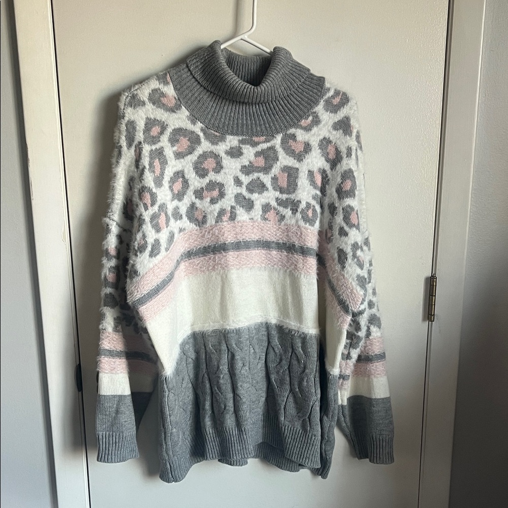 Absolutely Famous Gray & Pink Leopard Cable Knit Turtleneck Sweater
